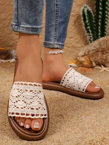 1 Pair Women's Beige Flat Hollow Out Thick Sole Sandals Casual Fairy Vacation Style Spring Summer Fashion Comfortable Versatile Slides - Beige - View 7