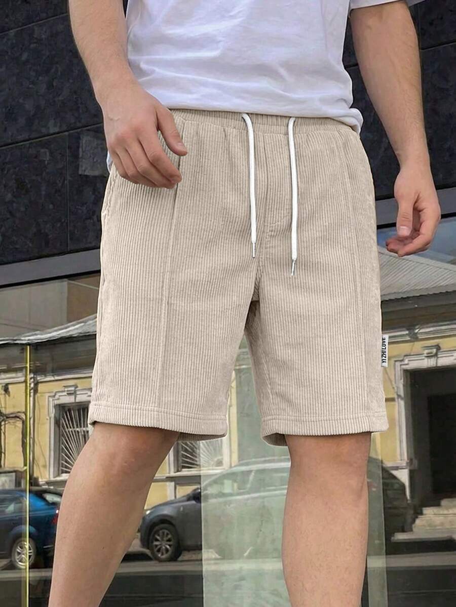 1件青少年男孩復古燈芯絨寬鬆寬腿休閒短褲,側面字母裝飾,簡約直筒中長褲 - 卡其色 - 查看 1