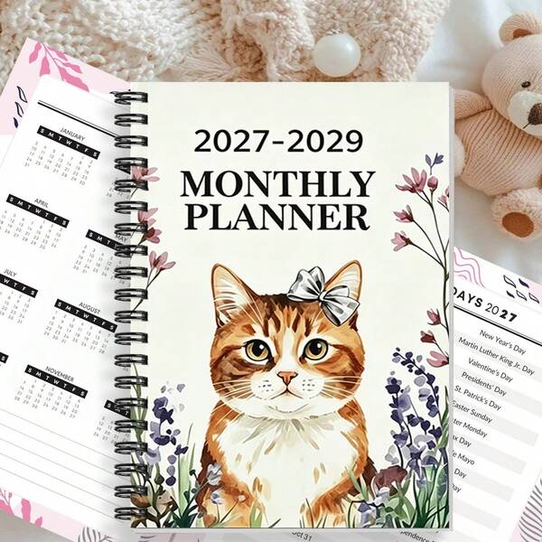 DANPERJI 1PC A5 2027-2029 Monthly Planner Paper Spiral Notebook, Cute Orange Tabby Cat With Bow & Floral Watercolor Design, 3-Year Undated Schedule Organizer For Cat Lovers, Home, Work & School