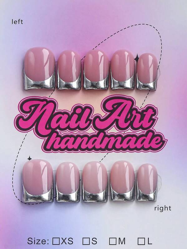 10pcs/Set Handmade Square Nail Stickers, Y2K Hot Girl Style, Nude And Silver French Tip Design, Suitable For Women And Girls, Includes Tools, Great Gift For Women, Handmade Press-On Nails