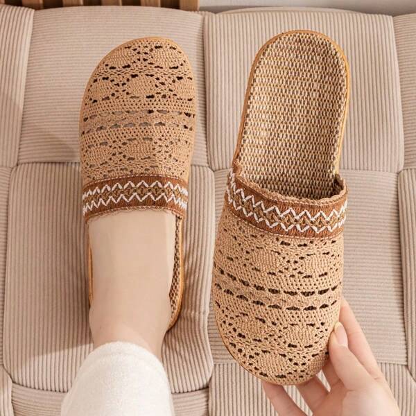 1 Pair Textured Pattern Casual Fabric Hollow Woven Women's Flat Home Slippers, Indoor Summer & Autumn