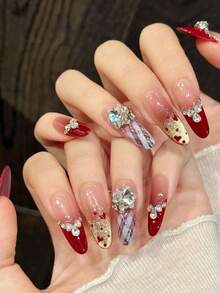 10PCS Long Oval Handmade Press On Nails For Party And Daily Wear,Red Nails,Wine Red French Heart Polka Dot Stacked Rhinestone Press On Nails,Shiny And Dazzling,Easy To Wear ,Summer Nails,Suitable For Girls And Women Festivals Parties And Daily Wear - Red - View 4
