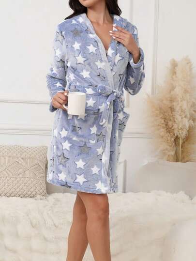 1pc Star Pattern V-Neck Tie Hooded Warm Pajama Nightgown, Autumn/Winter