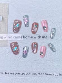 10Pcs Handmade Short Square Press On Nails, Nude Pink & Silver Mirror Contrast Striped Nail With 3D Pink Star, Iridescent Oval Gem & Silver Metal Stud Decor Reusable Fake Nails With Nail Kit For Y2K Punk Street Style - Multicolor - View 4