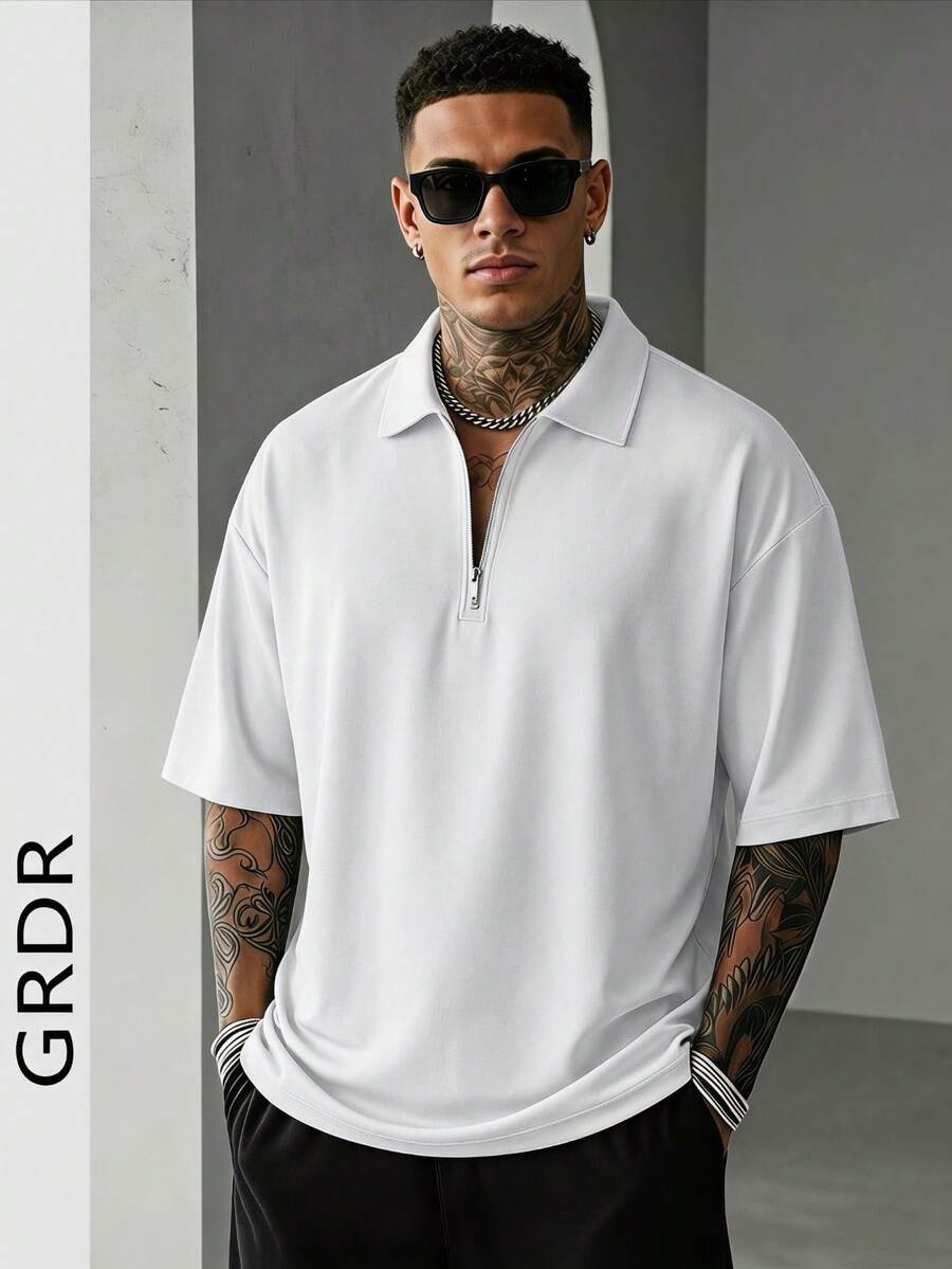 GRDR Men's Summer Half-Zip Collar Short Sleeve T-Shirt, Solid Color Classic Short Sleeve Suitable For Outdoor Casual Wear - White - View 1