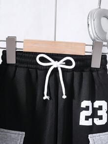男童休閒運動「23」數字熱轉印印花長袖連帽衫 + 長褲 2件套，秋冬 - 黑色 - 查看 7