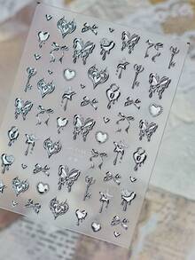 1 3D Silber Metall Nagelkunst Luxus Aufkleber, Schmetterling, Herz, Schleife, Schlüssel Muster, selbstklebender Aufkleber, Y2K Stil Nagelkunst Charm Dekoration Nagel Aufkleber DIY - Silber - Übersicht 3