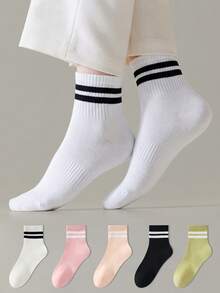 ZUJO 5 Pairs Striped Pattern White Women's Short Socks, Non-Slip Comfortable Breathable, Suitable For Spring And Summer, Suitable For Sports And Casual Wear - Multicolor - View 2