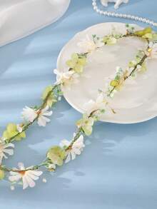 1pc Vintage Elegant Spring White & Green Floral Wreath, Wedding Bridal Accessory, Soft Light Photography Ethereal Accessory - Yellowish-white - View 4