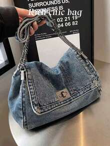 Bolso Azul Bebé, Nuevo Estilo Clásico, Color Sólido, Material de Jeans Retro Lavados, Cadena de Metal, Bolso de Hombro, Diseño con Decoración de Bordado Acolchado, - Azul - Ver 1