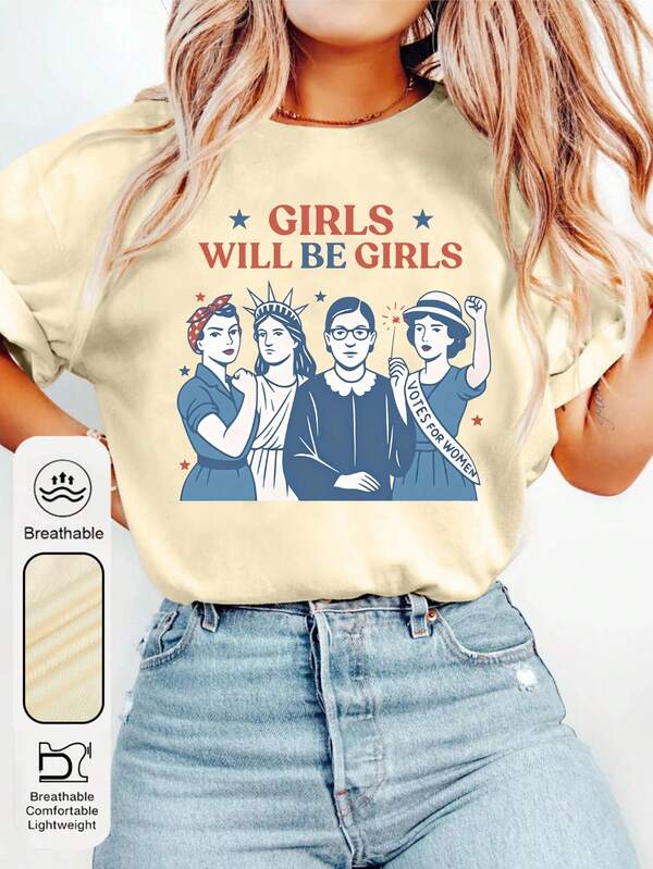 Plus Size Women's Summer Daily Patriotic Feminism July 4th Graphic Crew Neck Short Sleeve Simple Casual Independence Day Women's Apricot T-Shirt.