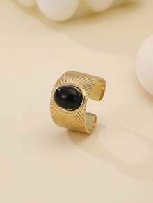 1pc Fashionable 14k Plated Stainless Steel Baroque Style Natural Stone Decorated Open Ring, Suitable For Women Daily Wear, As Gift - Black - View 6