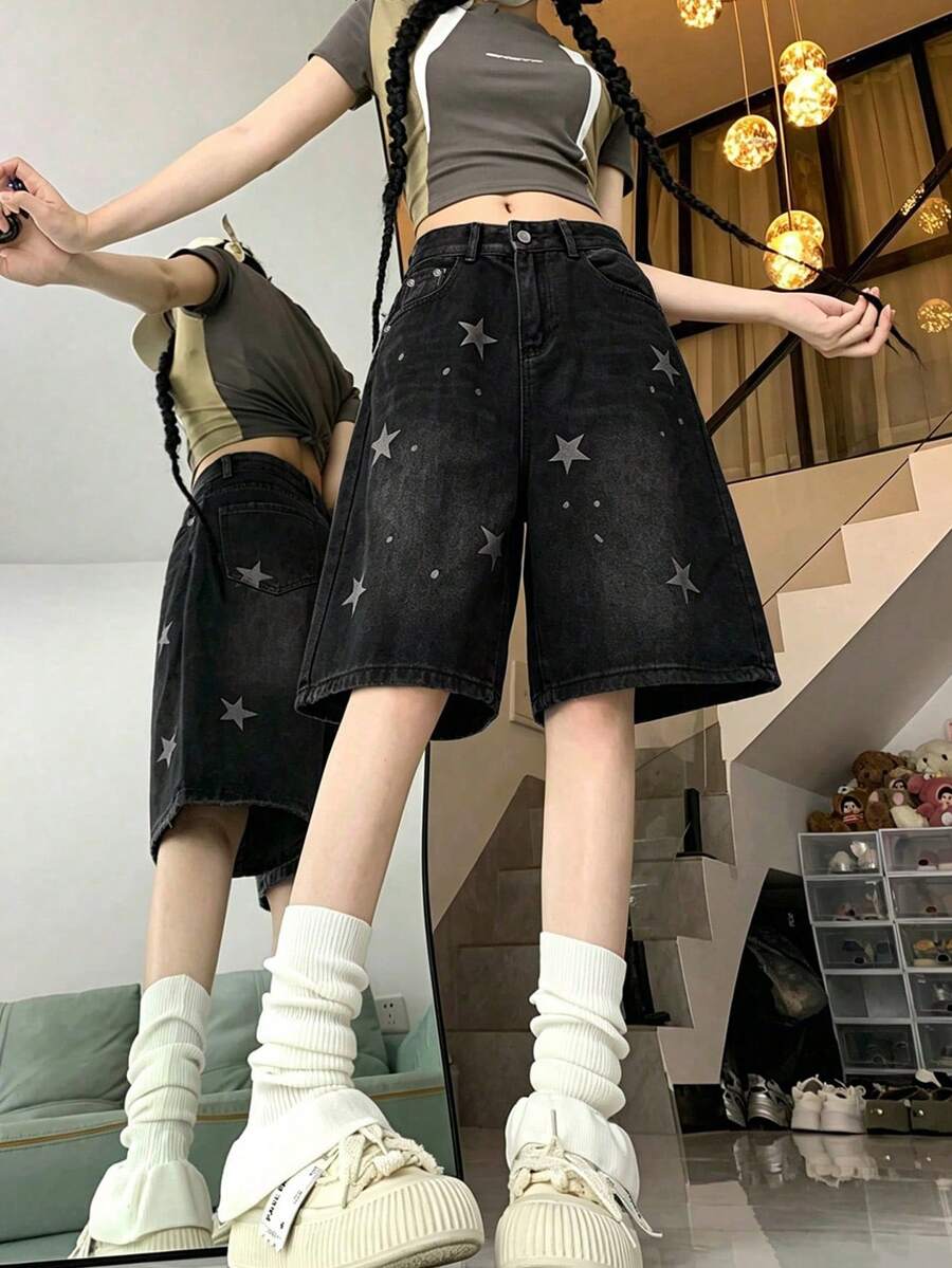 YCYC 美式復古牛仔 5 吋女款短褲 街頭直筒寬鬆顯瘦寬腿褲 - 黑色 - 查看 1