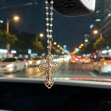 Rhinestone Hollow Cross Car Hanging Ornament Clear Crystal Bead Chain Rearview Mirror Pendant Golden Religious Cross Suncatcher Auto Interior Decor Gift - Carved Cross Car Pendant - View 3