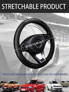1 pieza Funda de volante de cuero PU con textura de fibra de carbono elástica para todas las estaciones, estilo deportivo empresarial con banda elástica, anillo interior no incluido - A - Ver 2