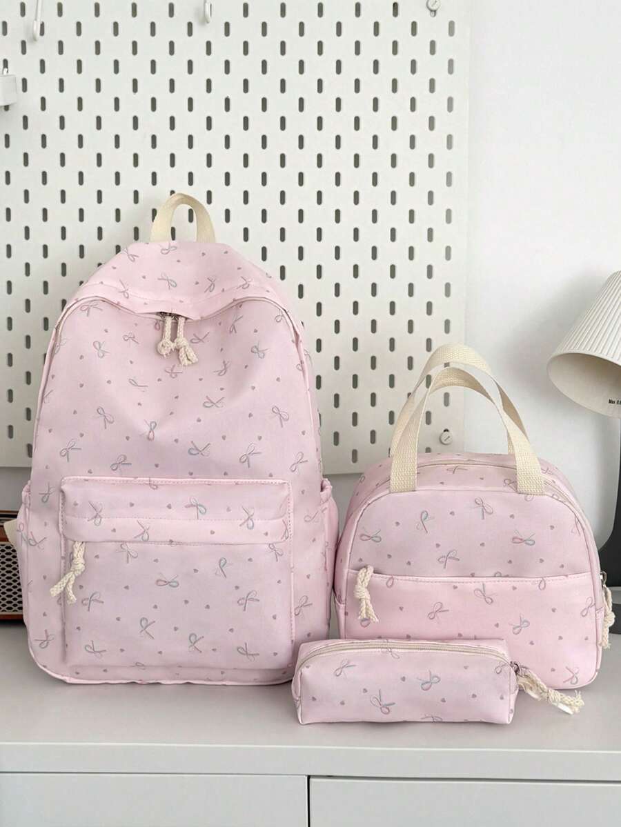 Versatile Fashionable Women's Bowknot Double Backpack Combination Student School Bag - Pink - View 1
