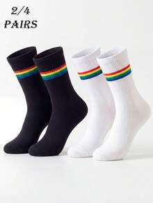2/4 Pairs Unisex Classic Rainbow Striped Breathable Soft Mid-Calf Socks, Casual Sports Versatile, Suitable For Gifts, All Season - Multicolor - View 2