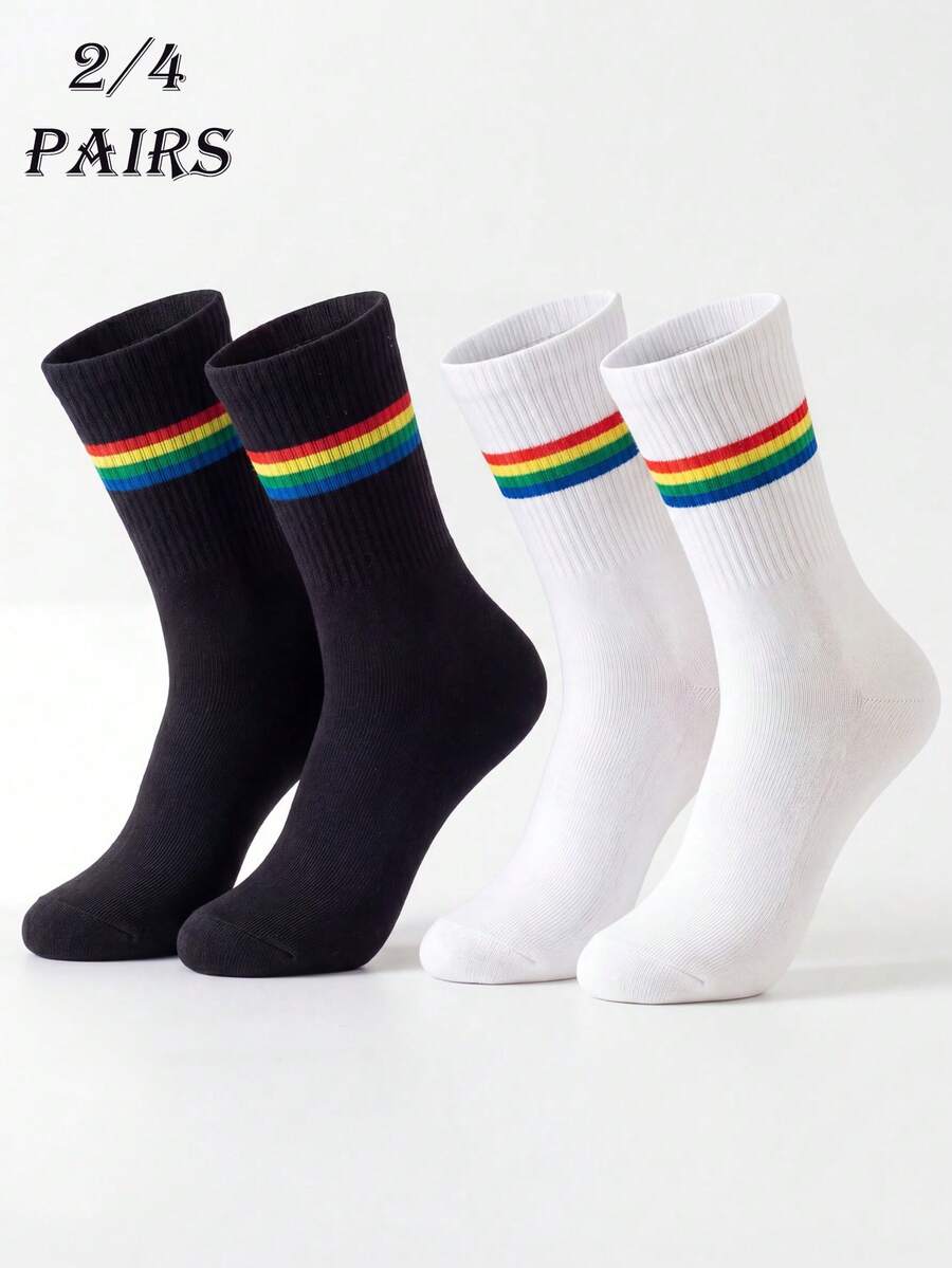 2/4 Pairs Unisex Classic Rainbow Striped Breathable Soft Mid-Calf Socks, Casual Sports Versatile, Suitable For Gifts, All Season