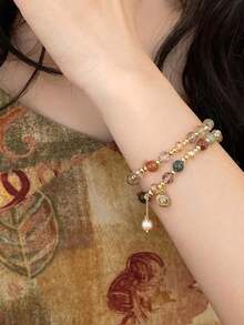 1pc Vintage Double Layer Crystal Pearl Beaded Women's Bracelet, Stone Bead Wrap Bracelet Jewelry Gift (Bead Color Random) - Multicolor - View 8