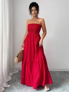 Vestido casual sin tirantes estilo INS para vacaciones de verano para mujeres - Caqui - Ver 6