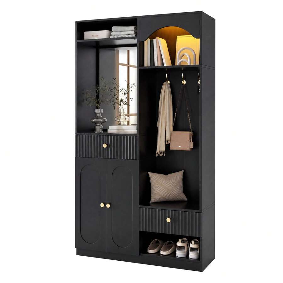 Black 100 Cm Entryway Hall Tree In MDF With Mirror, Hooks And Bench - Black - View 1