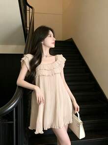 New Summer Collection: Women's Square Neck Frill Pleated Dress In Beige. Elegant And Feminine, Perfect For Dates, Parties, And Weddings. - Apricot (chiffon + Lining) - View 2