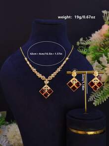 3pcs 18K Gold Plated Luxury Royal Style Square Design Women's Party Set, Handmade Inlaid Red Cubic Zirconia, Includes Necklace And Earrings, Suitable For Daily Wear, Party, Wedding Anniversary Gift - Square Design Set - View 3