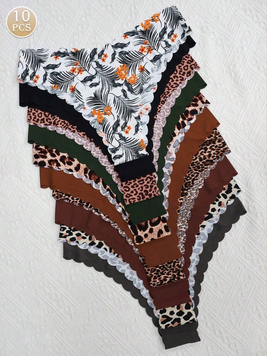 10 Pieces/Pack - Seamless Panties With Scalloped Edge For Women, Comfortable And Sexy Skin-Friendly Fabric, Seamless Bikini Panties For Ladies - 彩色 - 查看 1