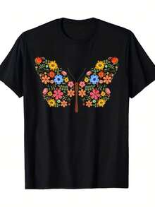 Vibrant Monarch Butterfly Print, Lightweight And Breathable, Short Sleeve, Round Neck, Casual T-Shirt For Everyday Wear, Outdoor Sports, Spring/Summer/Autumn, Sizes XL - 5XL - 黑色 9 - 查看 1