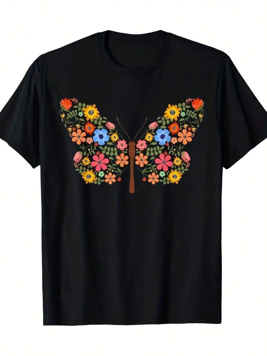 Vibrant Monarch Butterfly Print, Lightweight And Breathable, Short Sleeve, Round Neck, Casual T-Shirt For Everyday Wear, Outdoor Sports, Spring/Summer/Autumn, Sizes XL - 5XL - 黑色 9 - 查看 1