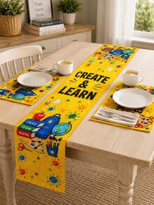 1 pieza - Juego de camino de mesa y manteles individuales de vuelta al colegio, decoración de mesa de lino amarillo Create & Learn con mochila, libros, pintura, lápices y manzana para fiesta temática de estudio para niños, aula y comedor de cocina - Multicolor - Ver 6