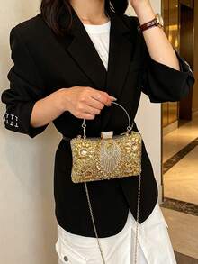 Women's Evening Clutch Bag, Hard Shell Square Box Bag With Floral Rhinestone Pattern, Top Handle And Detachable Chain Shoulder Strap, Suitable For Weddings, Balls And Banquets - Gold - View 3