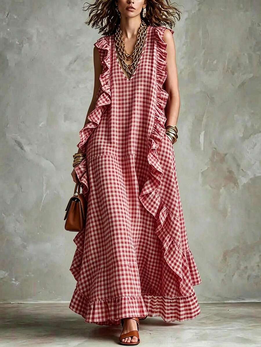Women Midi Dresses - Red and White - View 1