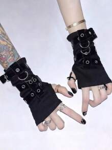 1 par de mangas para brazos estilo Y2K original para chica, subcultura Harajuku, con correa de metal, media falange, estilo Street Punk gótico para baile + equipo de invierno + guante oso + Navidad - Negro - Ver 2