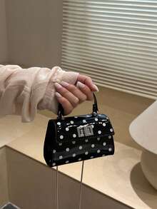 Mini Polka Dot Pattern Flap Square Bag, Handbag/Crossbody Bag/Shoulder Bag, Minimalist Casual Solid Color, Portable And Lightweight, Equipped With Adjustable Shoulder Strap, Suitable For Women, New Career Starters And White-Collar Professionals, Also Suitable For Girls And Ladies, Ideal Choice For Office, Work, Business, Commuting - Black - View 5