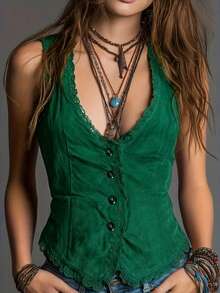 Women's Brown V-Neck Backless Button Front Camisole Top With Lace Trim And Regular Hemline Casual - Dark Green - View 10