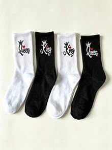 2/4 pares de calcetines de media caña con patrón de corona de rey y reina y corazón, calcetines clásicos versátiles en blanco y negro para parejas, calcetines de regalo para aniversario/Día de San Valentín - Blanco y Negro - Ver 4