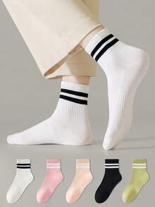 ZUJO 5 Pairs Striped Pattern White Women's Short Socks, Non-Slip Comfortable Breathable, Suitable For Spring And Summer, Suitable For Sports And Casual Wear - Multicolor - View 1