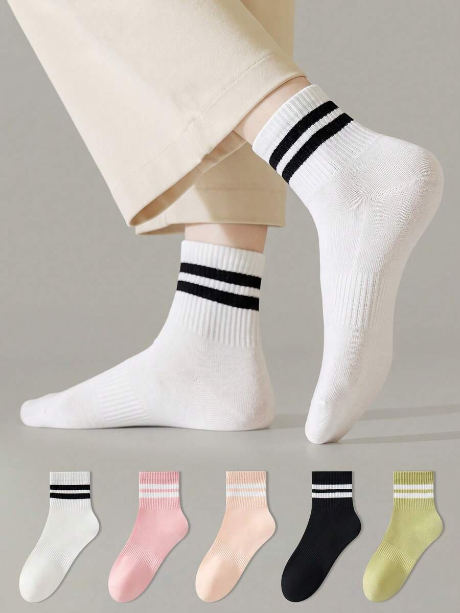 ZUJO 5 Pairs Striped Pattern White Women's Short Socks, Non-Slip Comfortable Breathable, Suitable For Spring And Summer, Suitable For Sports And Casual Wear - Multicolor - View 1