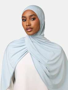 1pc Solid Color Knitted One-Piece Hijab, Muslim Women Elastic Convenient Headscarf, Lightweight Elegant Headscarf, Suitable For Daily Wear And Prayer - Baby Blue - View 2