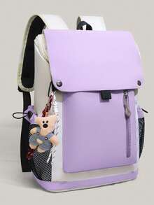 Minimalist Flap Backpack With Front Zipper Pocket, Detachable Pendant, Adjustable Shoulder Straps, Daily Fashion Backpack For Women - Violet Purple - View 3