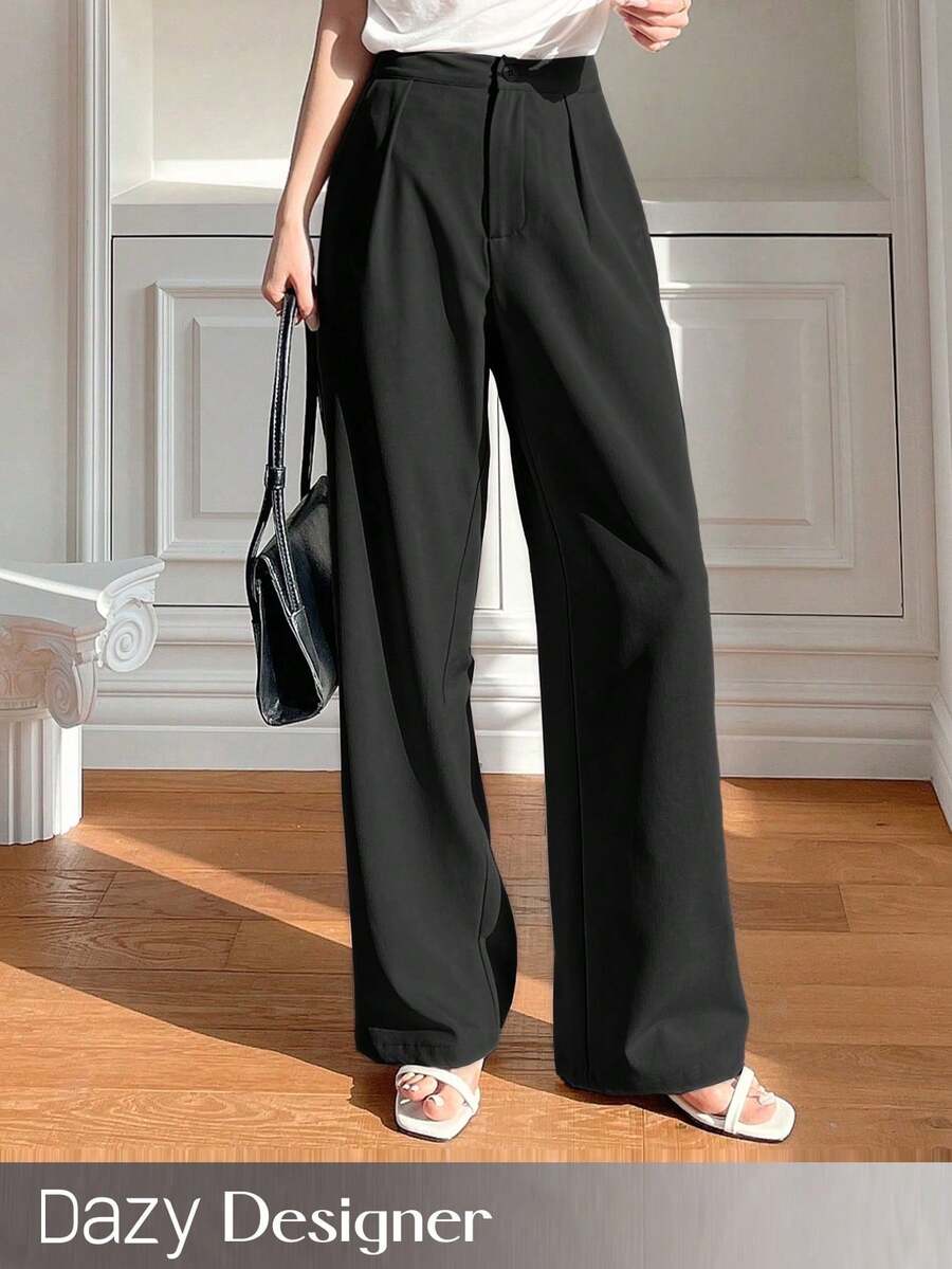 Designer Women's Solid Color Front Button Straight Leg Casual Pants - Black - View 1