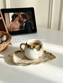 1/4 Sets 90ml Gold Rim Gradient Ceramic Cup & Saucer With Leaf Tray, European Luxury Coffee Mug Set With Leaf-Shaped Saucer.For Espresso Cup,Latte,Tea, Ideal For Afternoon Tea, Party,Wedding,Home Decor,Gift For Birthday,Easter,Back-To-School,Easter - Multicolor - View 14