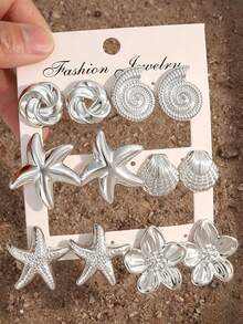 1/6 pares de pendientes para mujer con forma de estrella de mar, concha, caracola, flor de cinco pétalos y espiral infinito, chapados en plata, accesorios de playa y océano, joyería de verano para mujer, pendientes de plata - Plata Gris - Ver 8