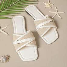 女款新款夏季編織平底拖鞋，杏色，舒適極簡方頭時尚款，適合居家、日常穿著與戶外休閒 - 杏色 - 查看 11