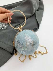 Round Spherical Clutch Bag, Sequin Wavy Pattern, Rhinestone Ring Handle, Detachable Chain Shoulder Strap, Crossbody & Handheld, Suitable For Party, Ball, Wedding, Summer Women - Baby Blue - View 4
