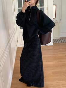 韓式時尚簡約優雅抽繩彈性紋理條紋修身中長裙 女款 黑色 - 黑色 - 查看 2