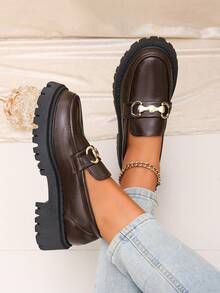 Platform Loafers, Metal Buckle Decor Slip On Shoes, Chunky Lug Sole Round Toe Footwear For Fall Winter Daily & School - Brown - View 6