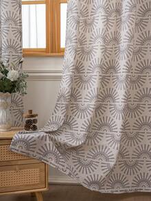 1pc Bohemian Country Vintage Wavy Print Curtain, Unique Cottage Decor Window Treatment - Grey - View 7