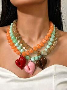 1pc Or 3pcs Fashionable Elegant Bohemian Dopamine Color Plastic Beaded Necklace, Asymmetrical Multi-Faceted Rhombus Pattern With CCB Multicolor Heart-Shaped Large Pendant Beaded Necklace, Create Fashionable Layered Look For Vacation, Party, Beach, Daily Wear Women's Jewelry Set Necklace, Plastic Position, Color, Pattern And Size Are Multicolor And Handmade, Each Bead Is Different But Does Not Affect Your Purchase - Multicolor - View 4